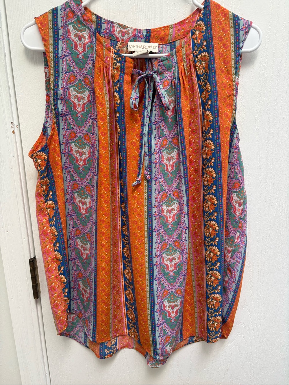 Cynthia Rowley Orange Multi-Stripe Floral Tie-Neck Sleeveless Top